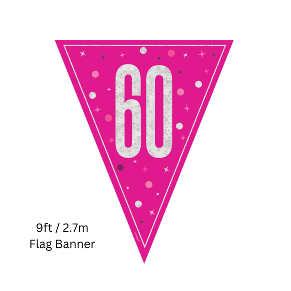 NEW Pink Glitz Age 60 Prismatic Foil Flag Banner 9ft