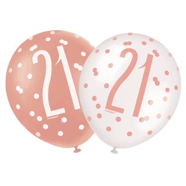 Rose Gold Glitz & White 21st Birthday 12" Latex Balloons 6pk