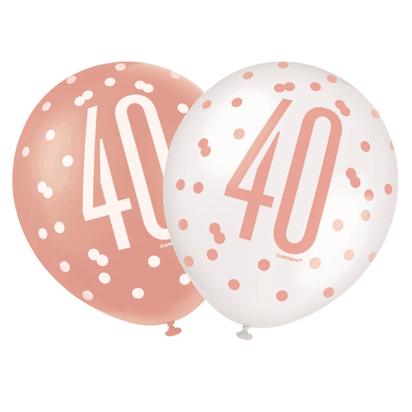 Rose Gold Glitz & White 40th Birthday 12" Latex Balloons 6pk