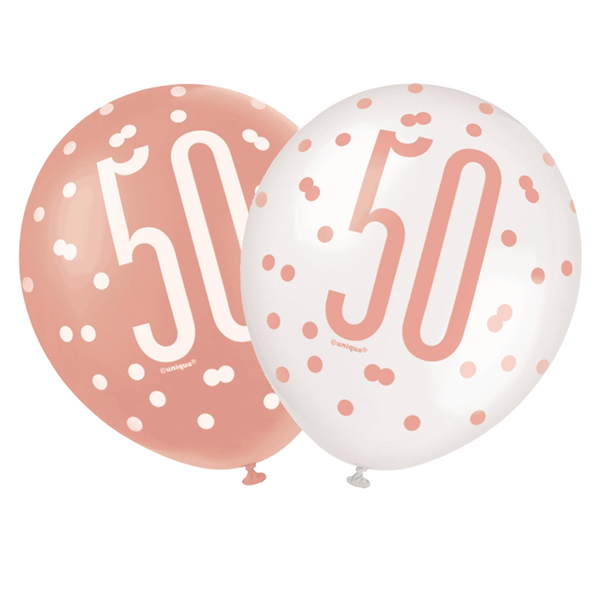 Rose Gold Glitz & White 50th Birthday 12" Latex Balloons 6pk