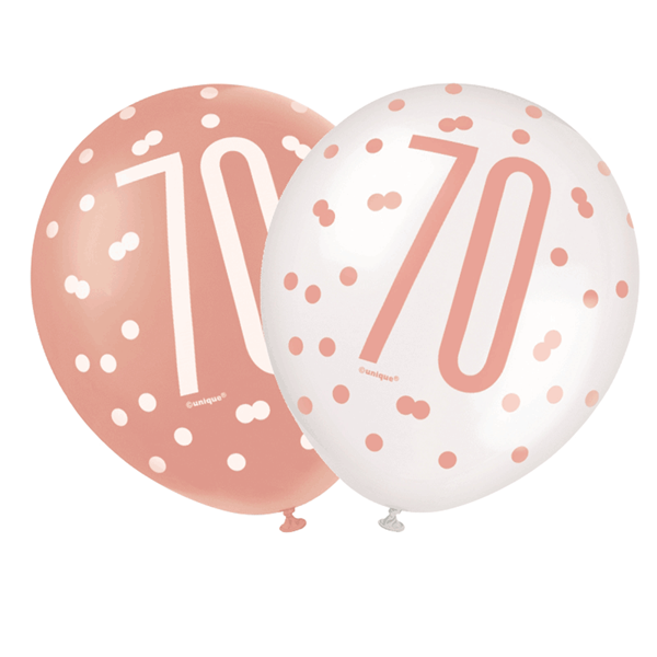 Rose Gold Glitz & White 70th Birthday 12" Latex Balloons 6pk