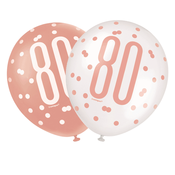 Rose Gold Glitz & White 80th Birthday 12" Latex Balloons 6pk