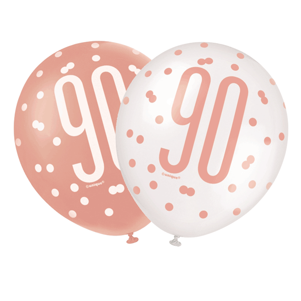 Rose Gold Glitz & White 90th Birthday 12" Latex Balloons 6pk