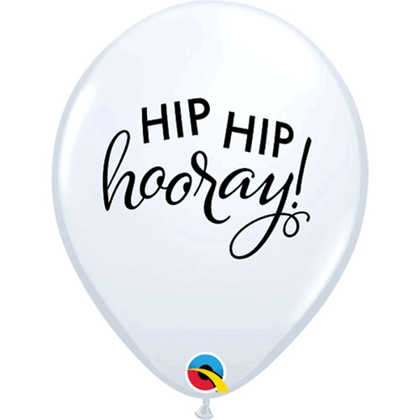 White Hip Hip Hooray Script 11" Latex Balloons 25pk