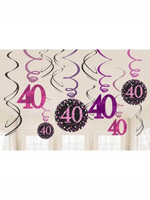 Pink Celebration 40th Birthday Hanging Swirl Decorations 12pk