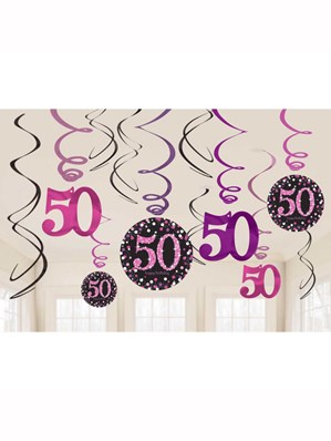 Pink Celebration 50th Birthday Hanging Swirl Decorations 12pk