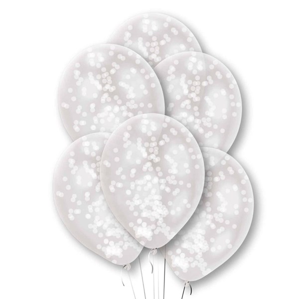 White Confetti 11" Clear Latex Balloons 6pk