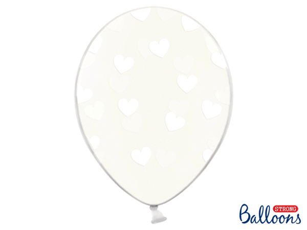 Crystal Clear 12" Latex With White Hearts 6pk