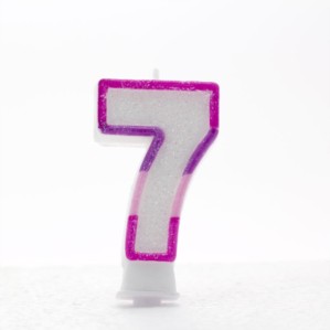 Pink and Purple Striped Glitter Number 7 Candle