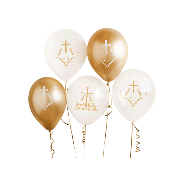 First Holy Communion Gold and White Latex Balloons 6pk
