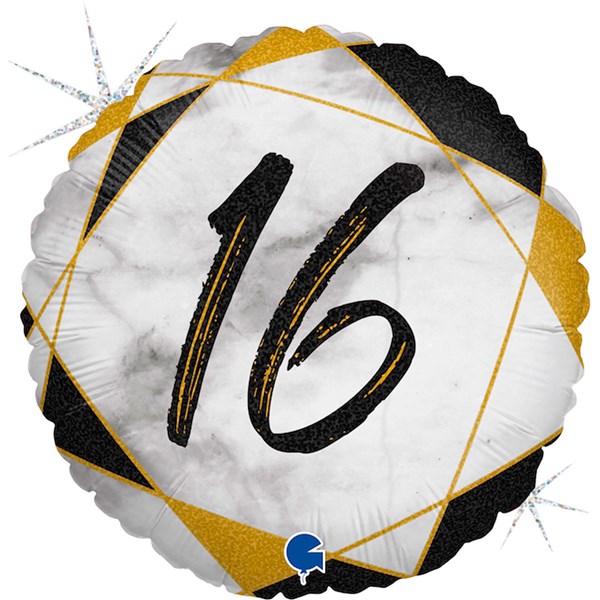 16th Birthday Black & Gold Marble 18" Foil Balloon