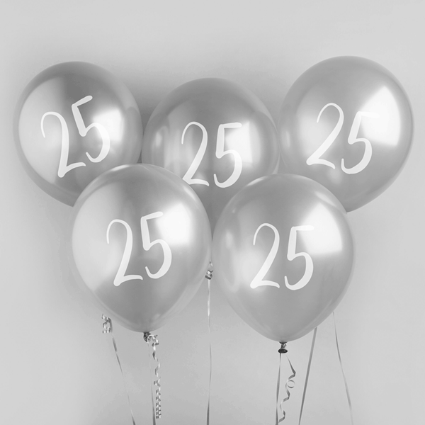 Age 25 Silver 12" Latex Balloons 5pk