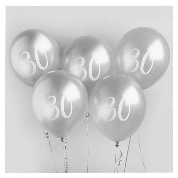 Age 30 Silver 12" Latex Balloons 5pk