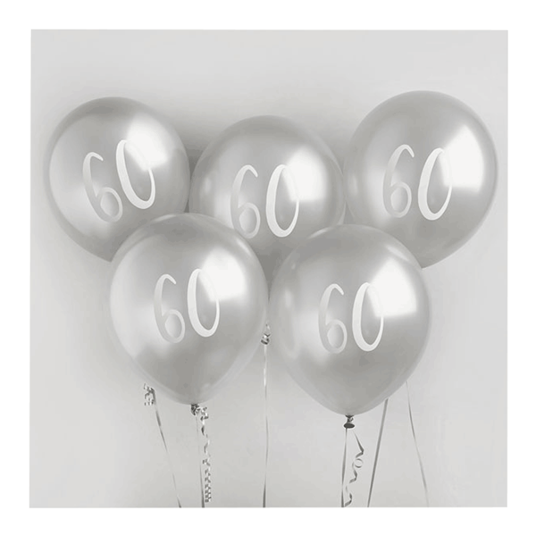 Age 60 Silver 12" Latex Balloons 5pk