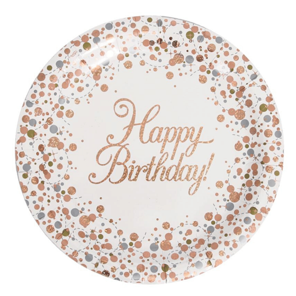 Sparkling Fizz Rose Gold Happy Birthday 23cm Paper Plates 8pk