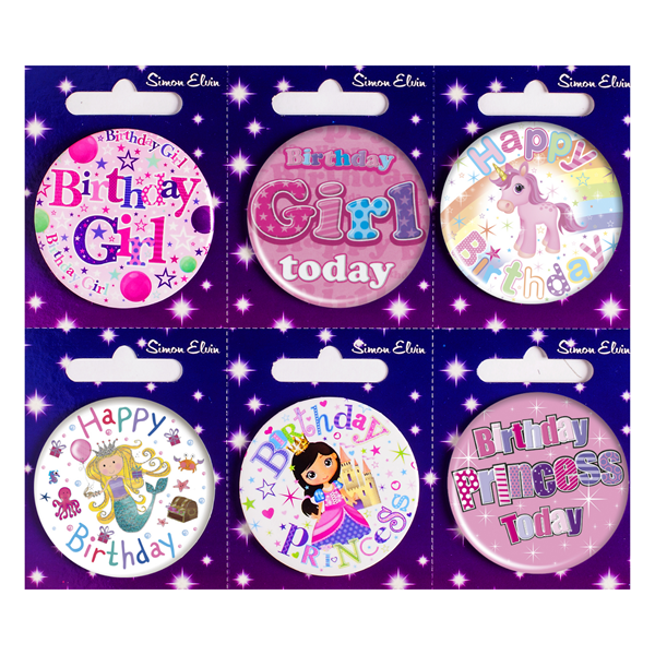 NEW Happy Birthday Girl Mix Small Badges 55mm 6pk
