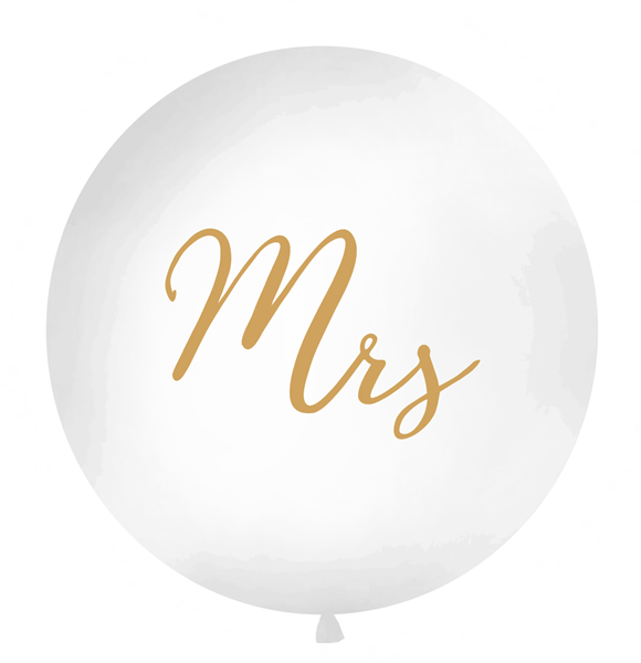 Giant 1M (3.3ft) White Wedding Mrs Gold Script Latex Balloon