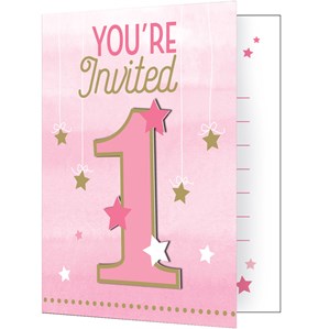 1st Birthday Twinkle Star Pink Invitiations 8pk