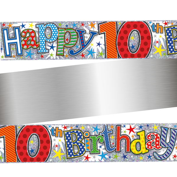 Age 10 Happy Birthday Colourful Holographic Foil Banner 9ft