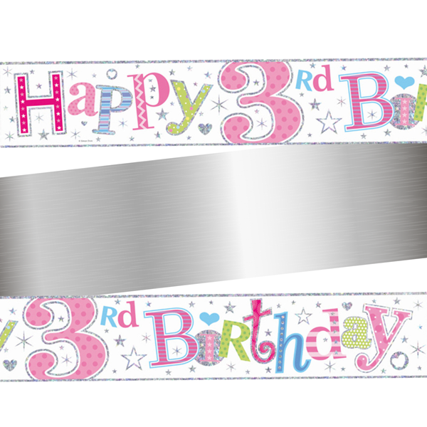 Age 3 Happy Birthday Pink Holographic Foil Banner 9ft
