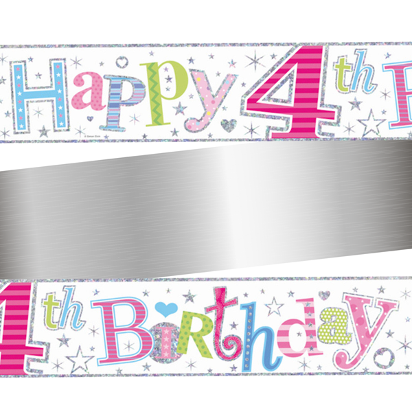 Age 4 Happy Birthday Pink Holographic Foil Banner 9ft