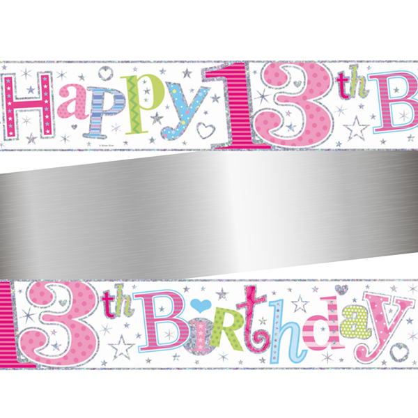 Age 13 Happy Birthday Pink Holographic Foil Banner 9ft
