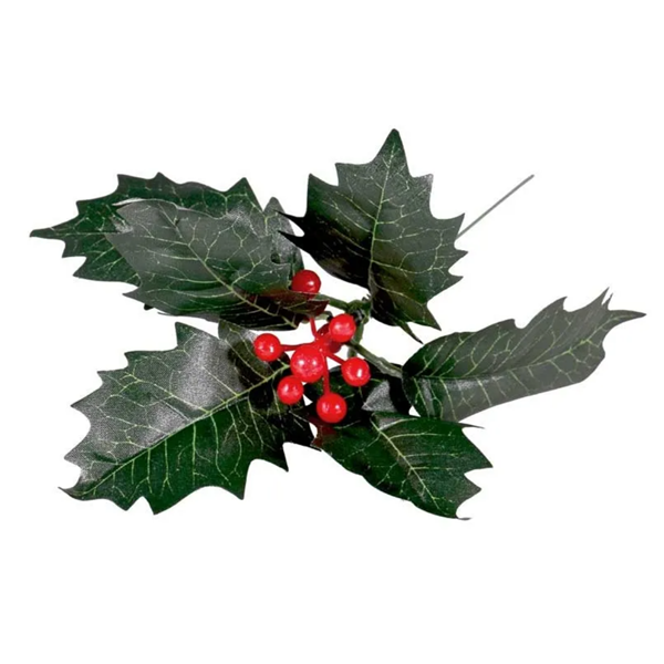 Red Berry and Holly Leaves 8" Pick