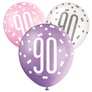 Pink, Purple, White Glitz 90th Birthday Latex Balloons 6pk