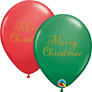 Merry Christmas Gold Script Red & Green 11" Latex Balloons 25pk