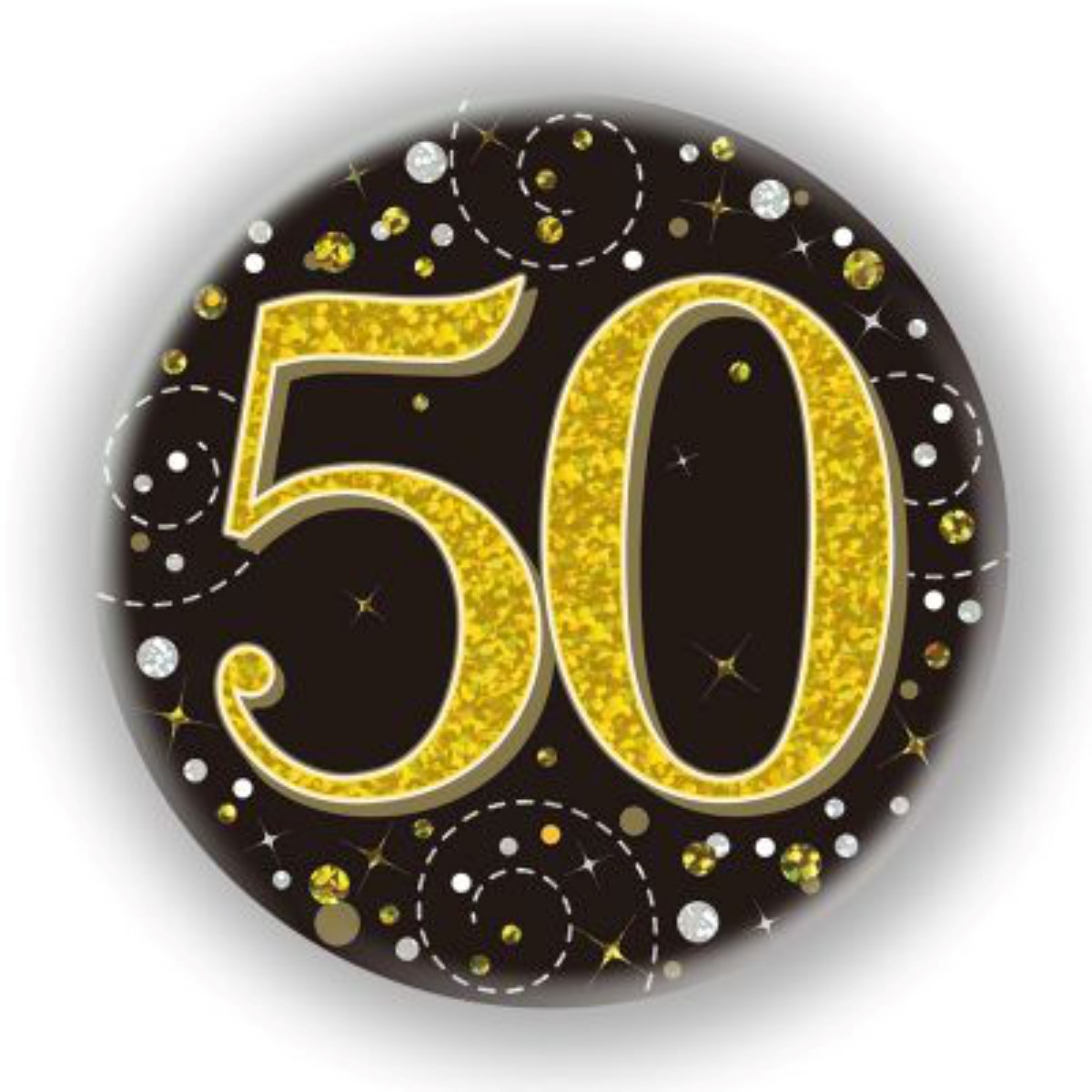 NEW 50th Birthday Sparkling Fizz Black Gold Holographic Badge